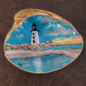 Hand painted Lighthouse and Ocean Shell Art Gold leaf trim